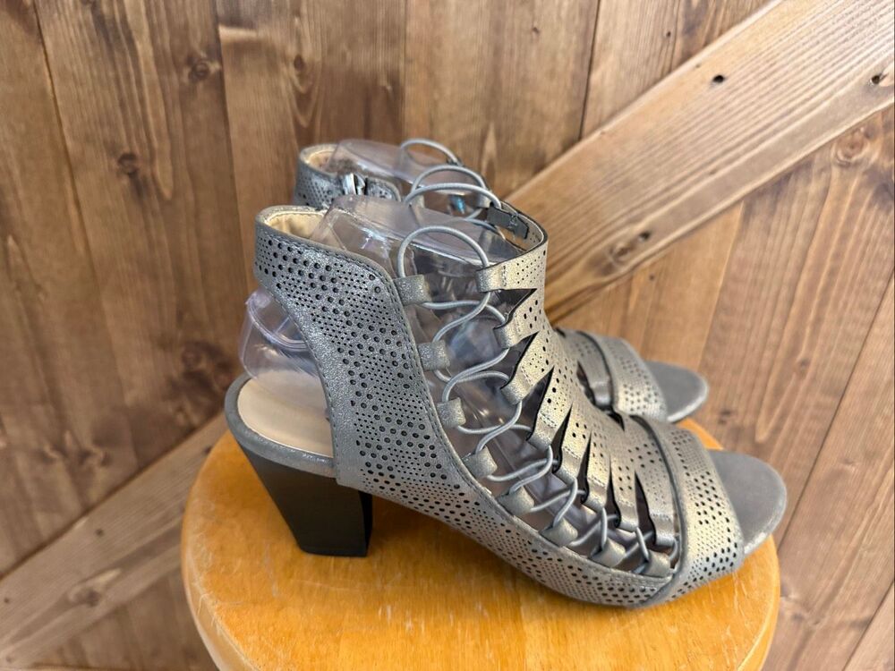 DressBarn Women’s Size 10 Metallic Silver Gray Caged Lace-Up Block Heel Sandals